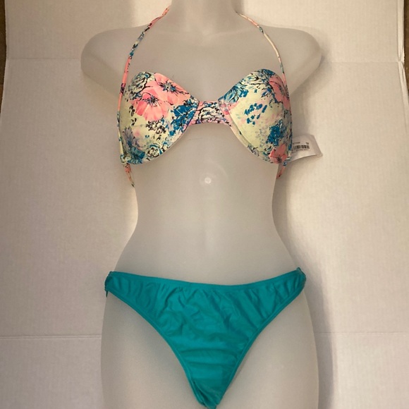*O’Neil Halter Yellow Floral Crisscross Back Top Teal Cheeky Bottoms A170